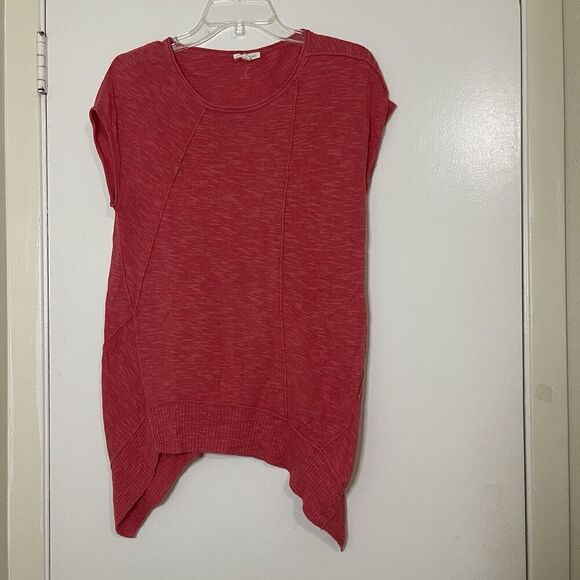 Eileen fisher coral pink linen blend short sleeve knit asymmetric top size small - Picture 1 of 6
